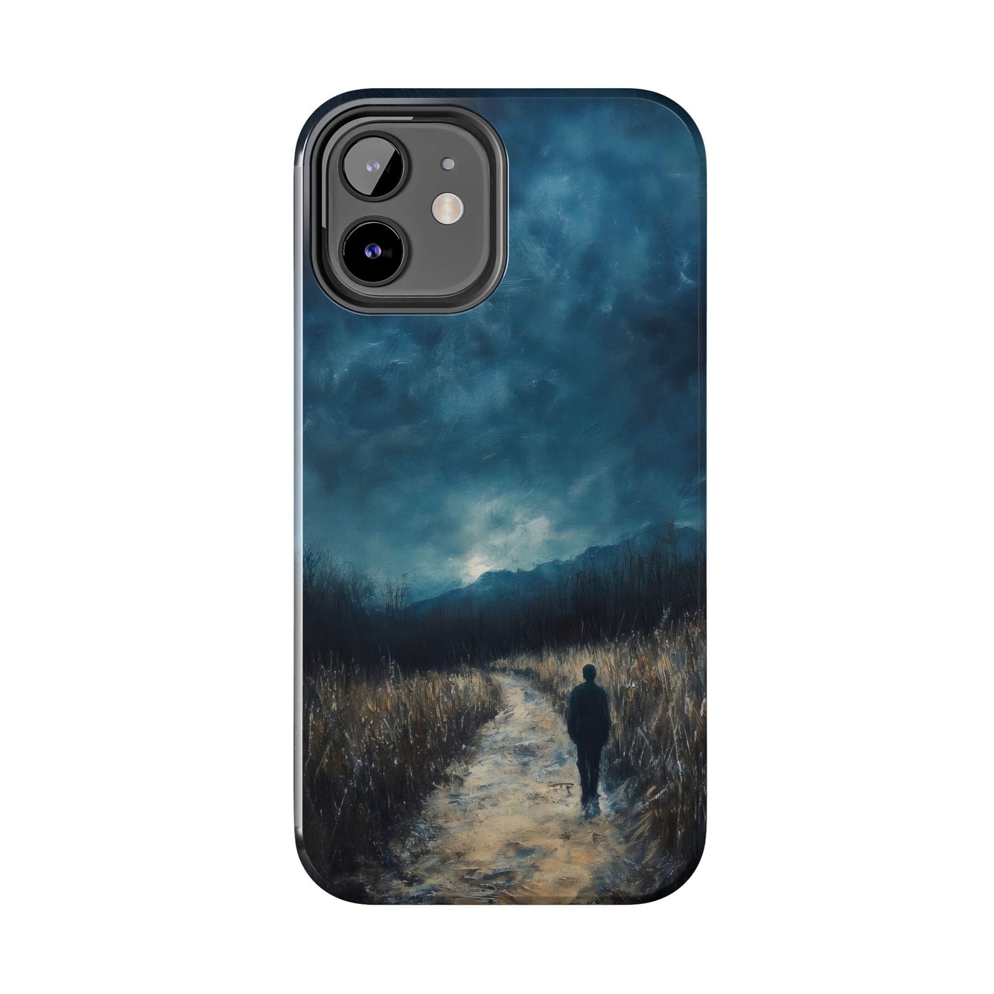 Christian phone case with silhouette walking a path under dramatic blue sky and dark fields
