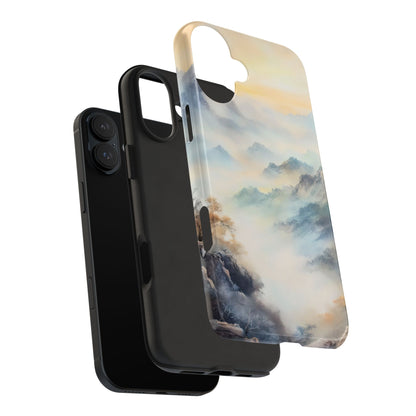 Phone case with serene misty mountain landscape artwork, layered over a black phone