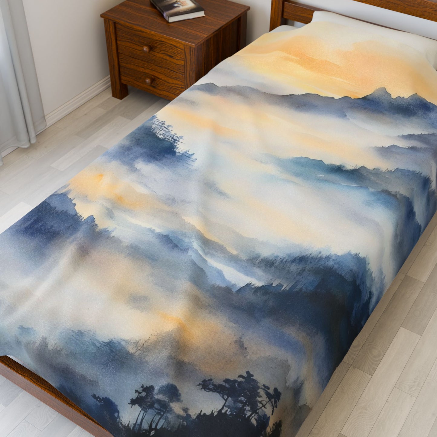 Misty Mountain Sunrise Velveteen Plush Blanket | Watercolor Landscape Throw