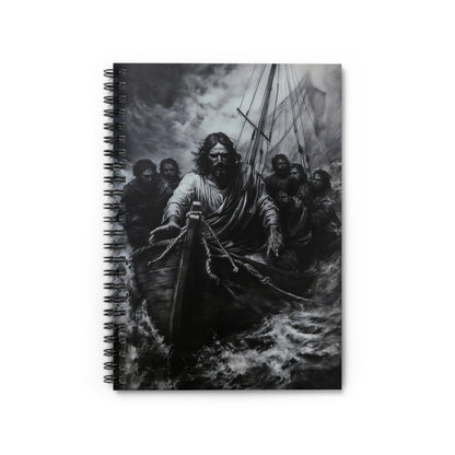 Christian notebook featuring Jesus calming storm with disciples on boat, black and white art