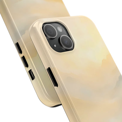 Minimalist yellow and cream abstract phone case on smartphone with camera close-up