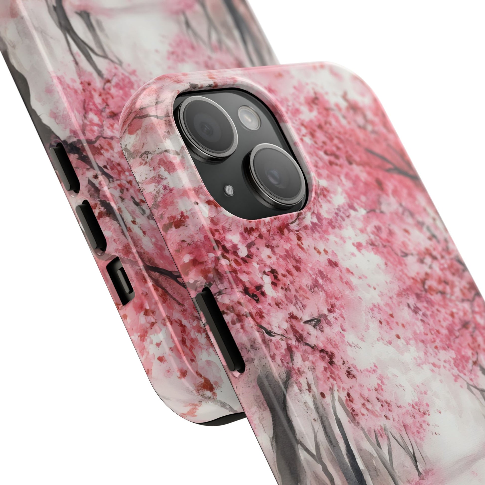 Pink cherry blossom tree phone case for iPhone, floral nature art design, protective cover