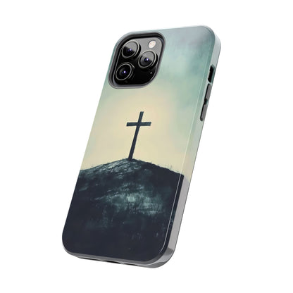 Christian phone case with cross on a hill, spiritual faith-inspired design