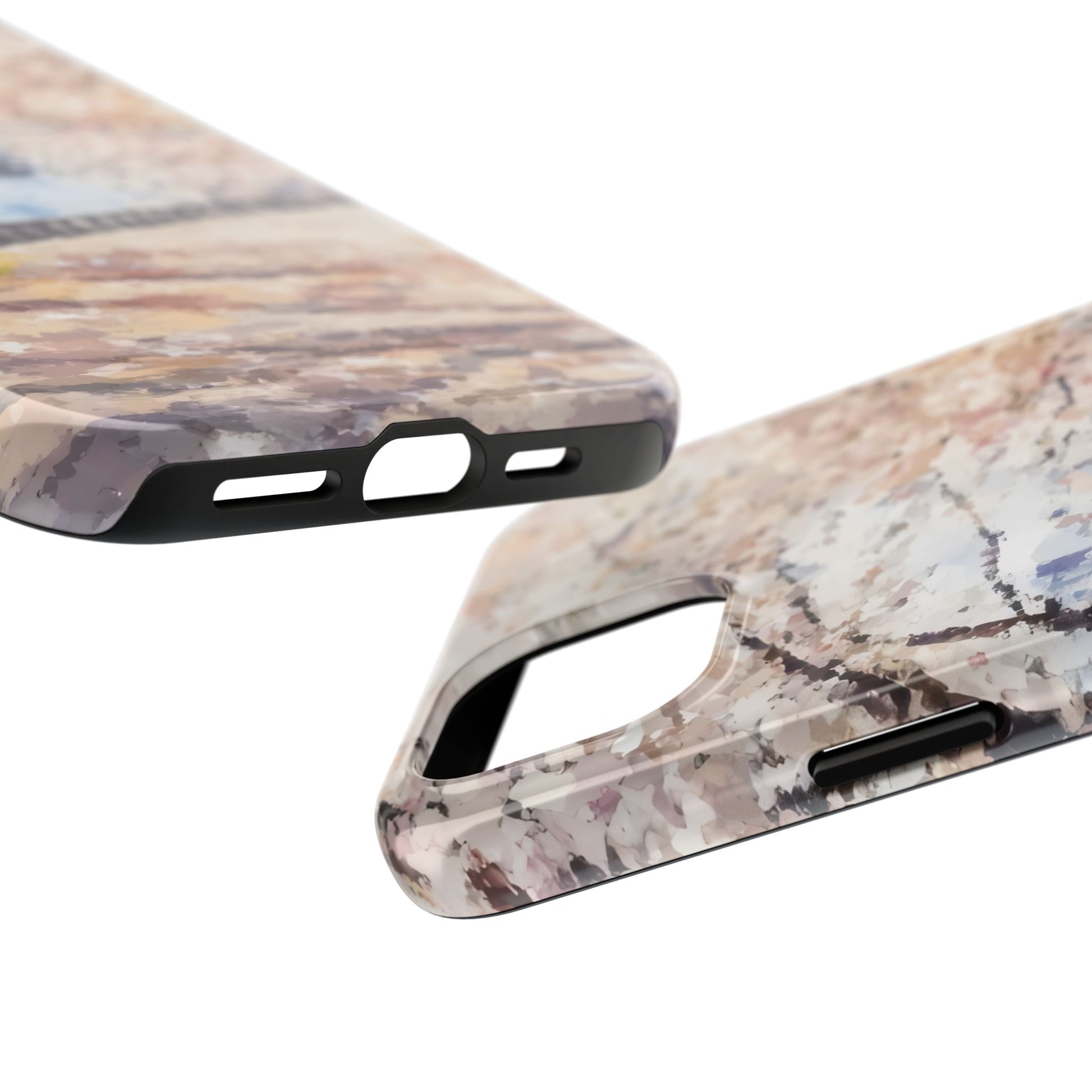 Abstract floral phone case with soft watercolor pastel hues and cutouts for buttons and ports