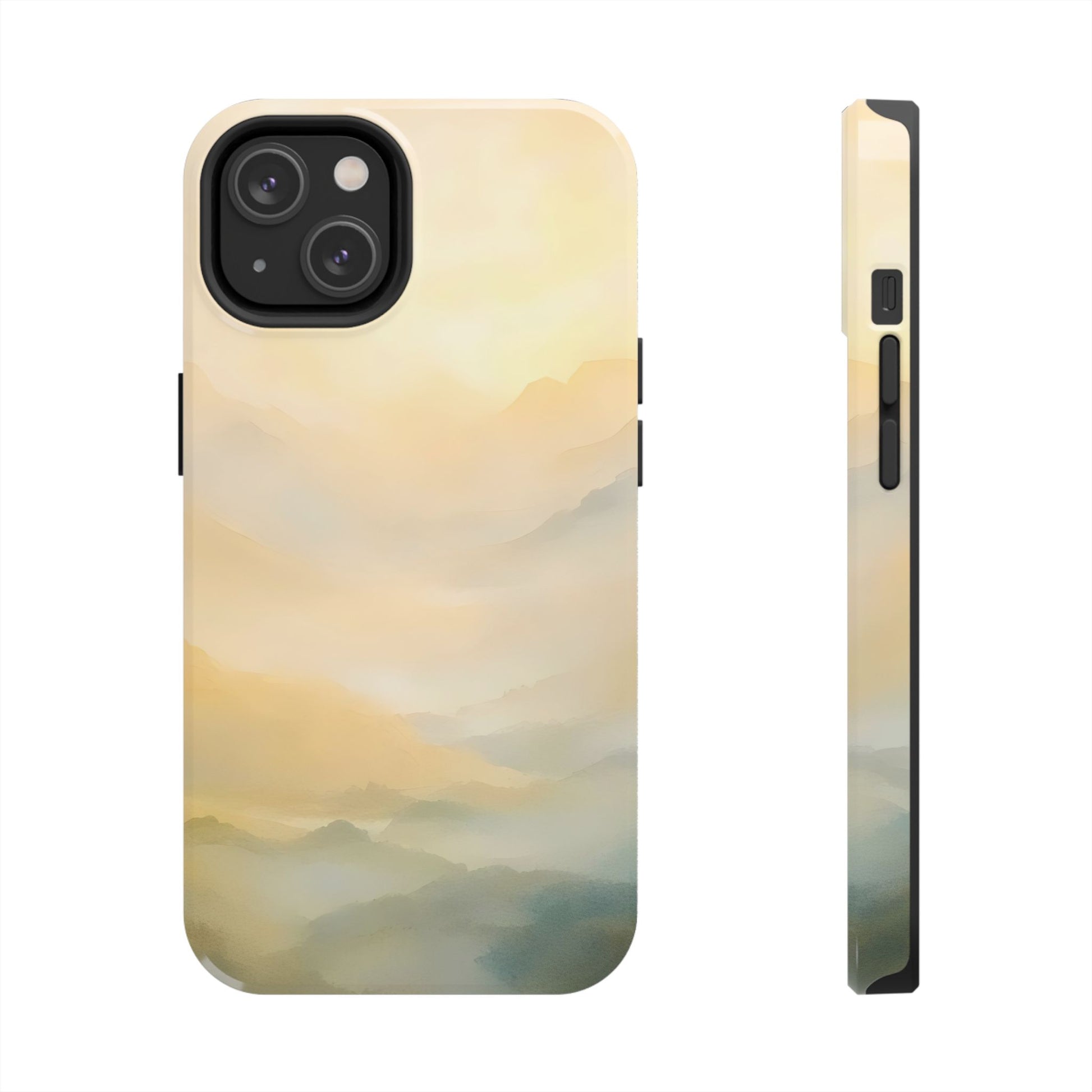 iPhone case with abstract pastel mountain landscape in soft golden and blue tones