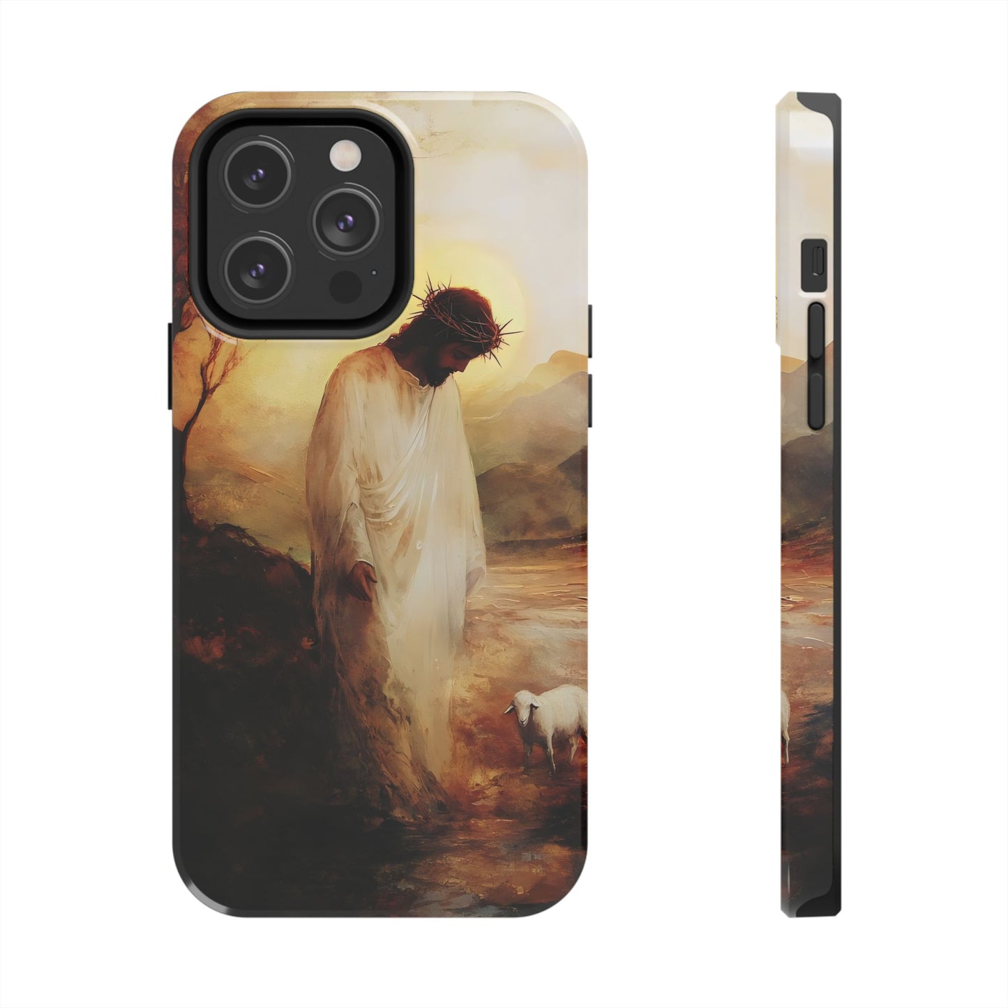 Christian phone case with Jesus in white robe and crown of thorns, gentle pastoral scene with lamb