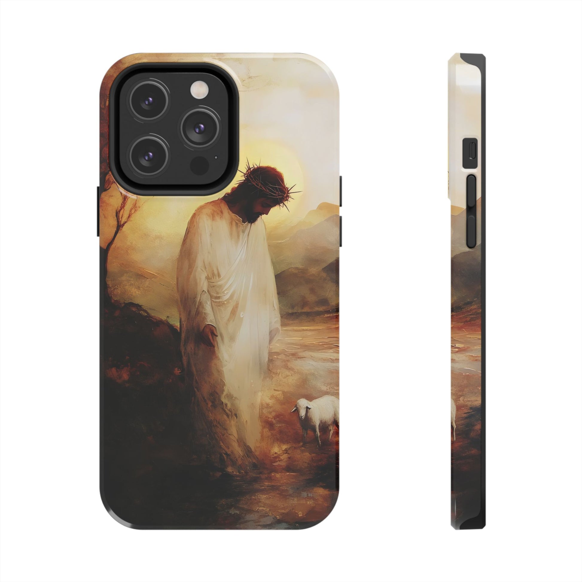 Christian phone case with Jesus in white robe and crown of thorns, gentle pastoral scene with lamb