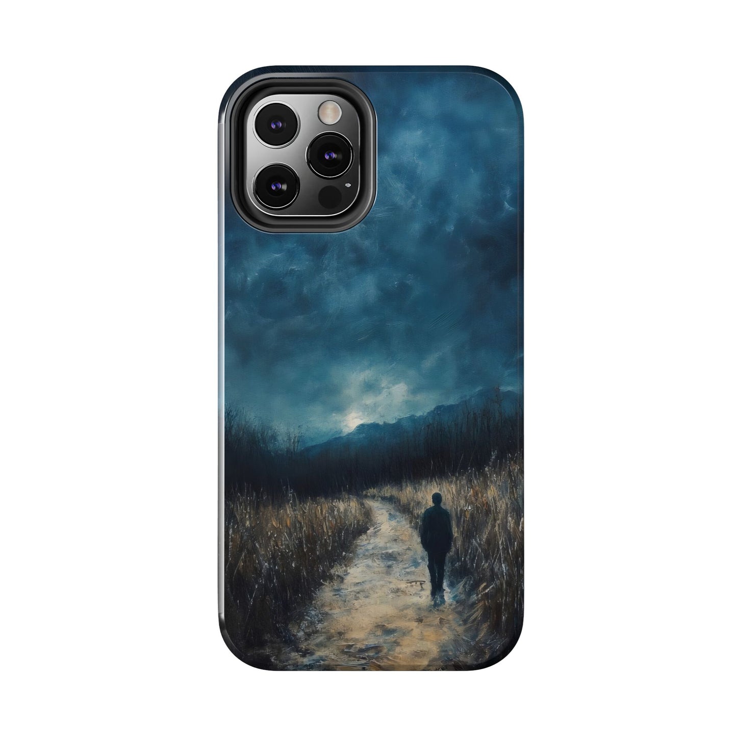 Christian phone case featuring a silhouette walking on a path at dusk, moody sky, nature art