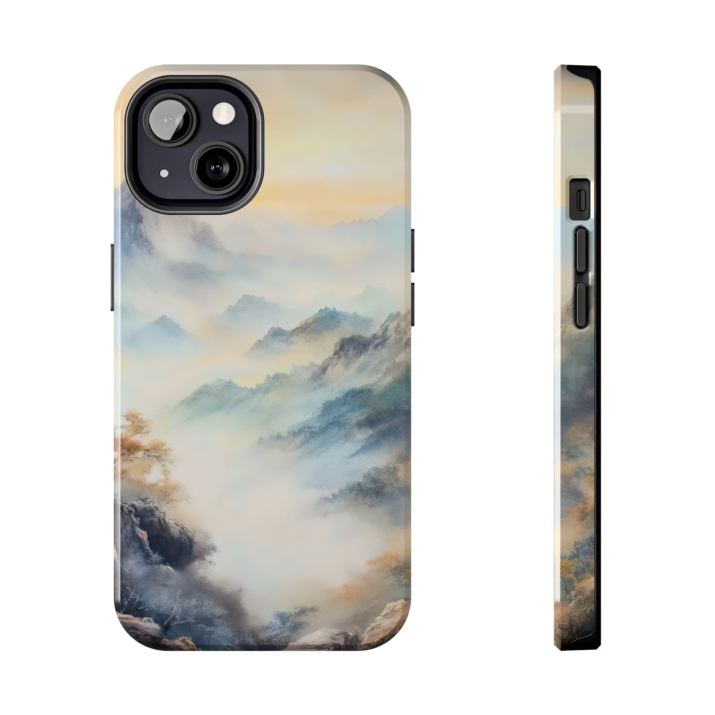 Phone case with serene pastel mountain landscape, misty peaks, spiritual nature art
