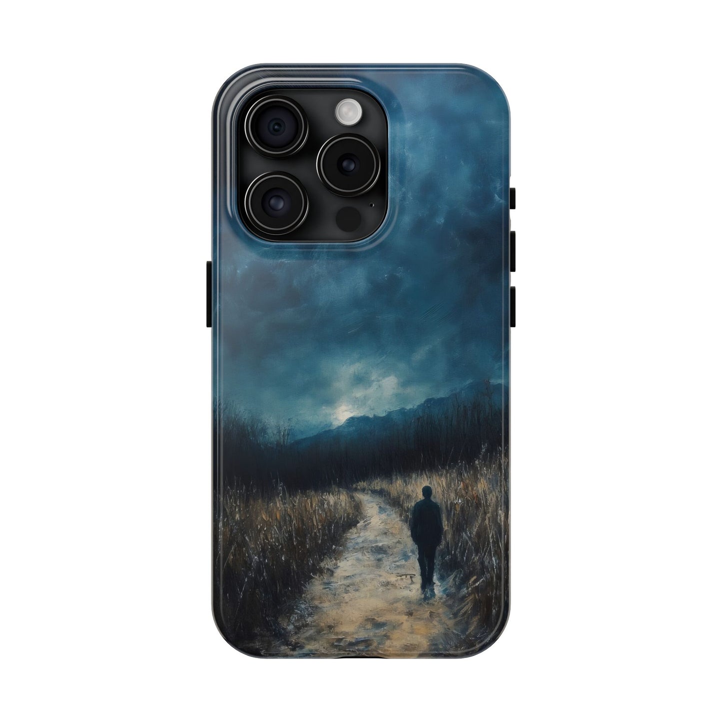 Phone case with a contemplative figure walking on a path under a moody sky and mountains