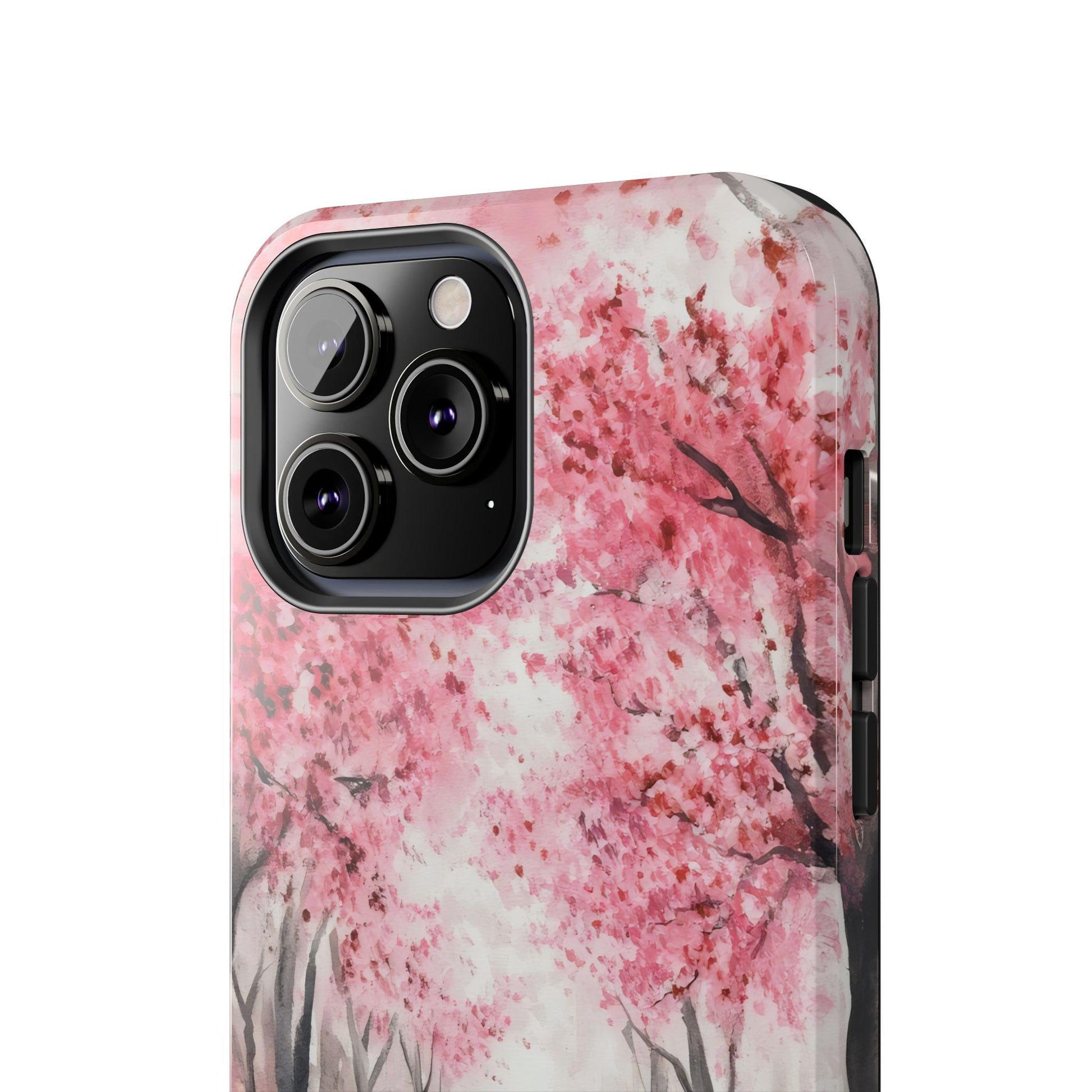 Phone case with pink cherry blossom tree art, floral smartphone cover, spring design