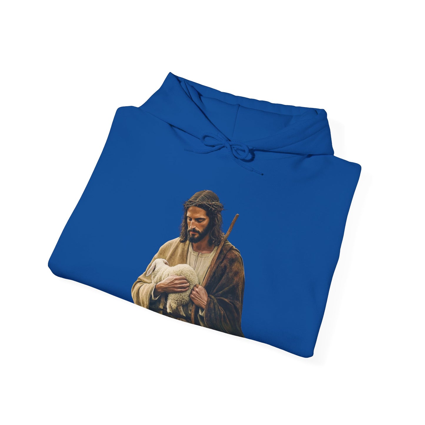 Blue Christian hoodie with Jesus holding a lamb graphic, spiritual faith-inspired apparel