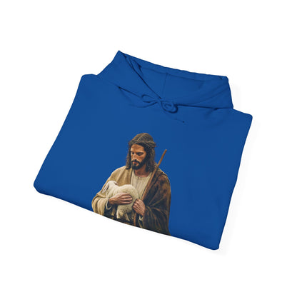 Blue Christian hoodie with Jesus holding a lamb graphic, spiritual faith-inspired apparel