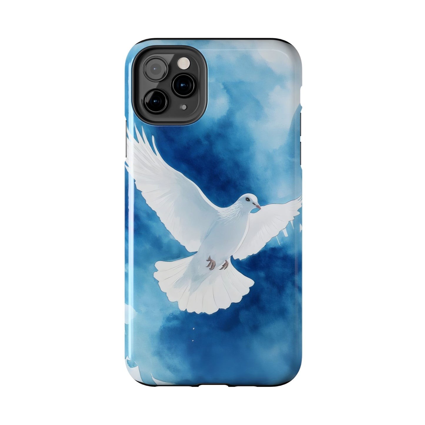 Phone case with white dove illustration on blue watercolor background, Christian art design