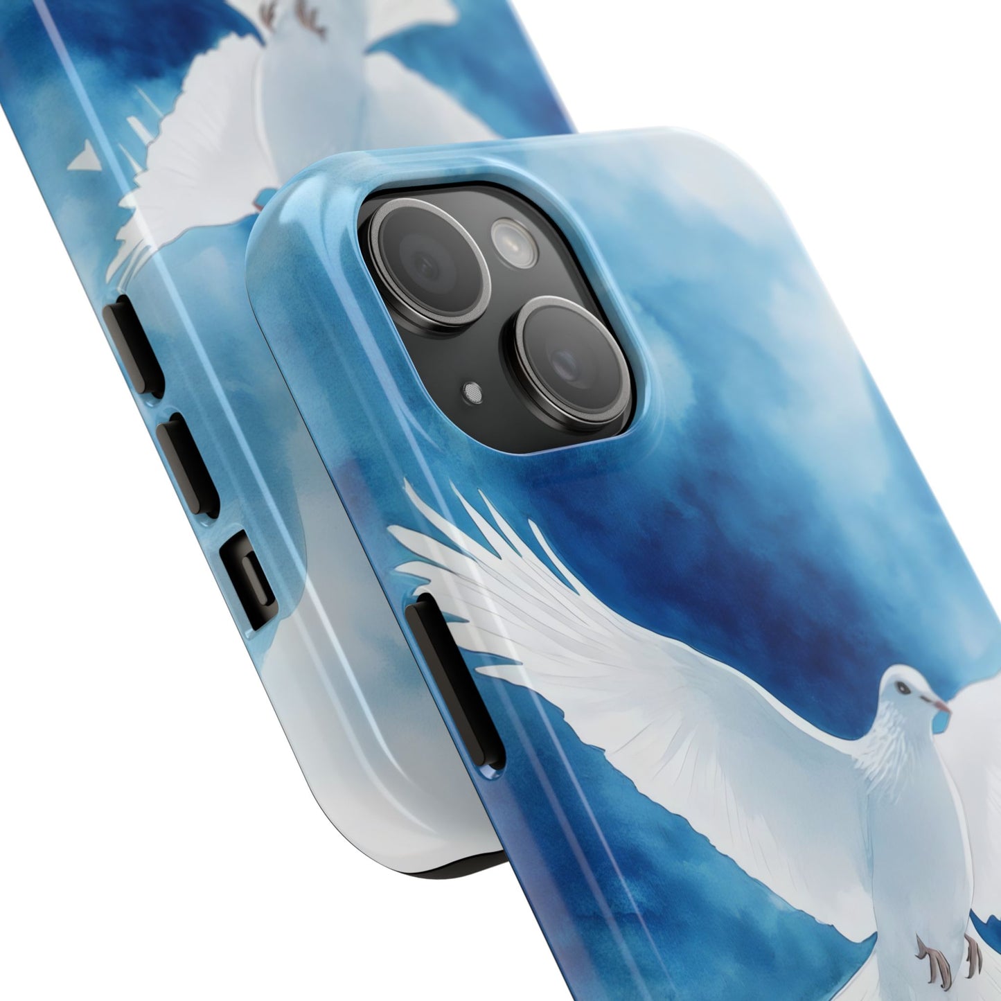 Phone case with white dove illustration on a blue sky background, spiritual Christian art design