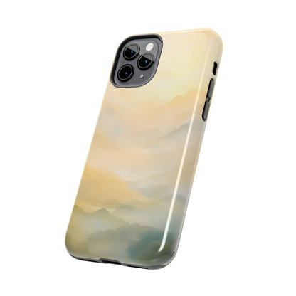 iPhone case with soft pastel mountain landscape, minimalist Christian spiritual design