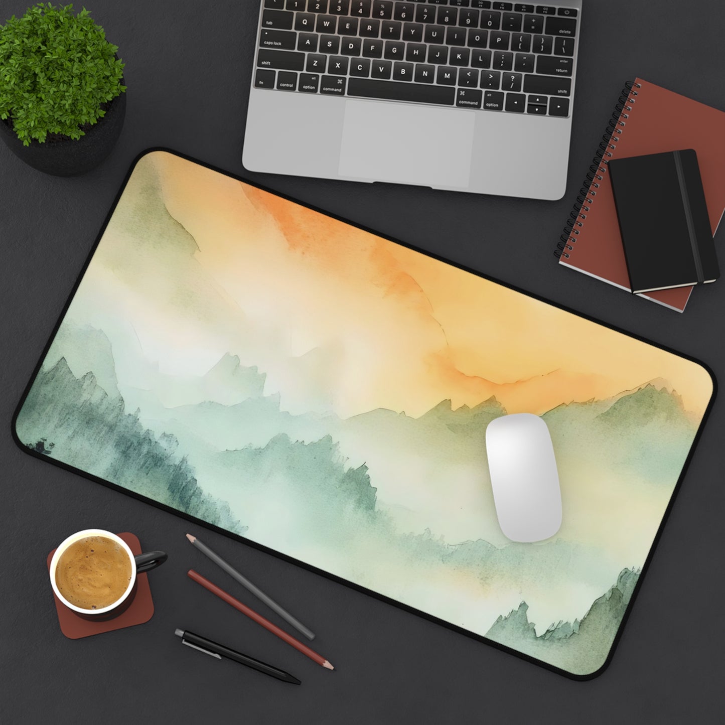 Sunset Mist Mountain Desk Mat | Watercolor Landscape Mouse Pad