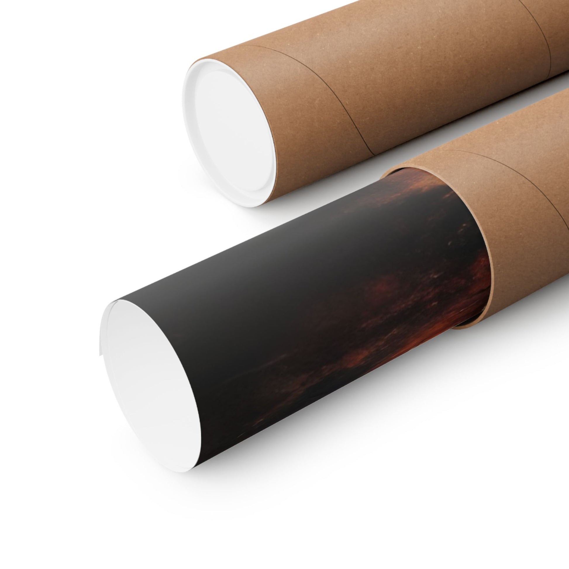 Rolled wall art poster in brown cardboard mailing tube on white background