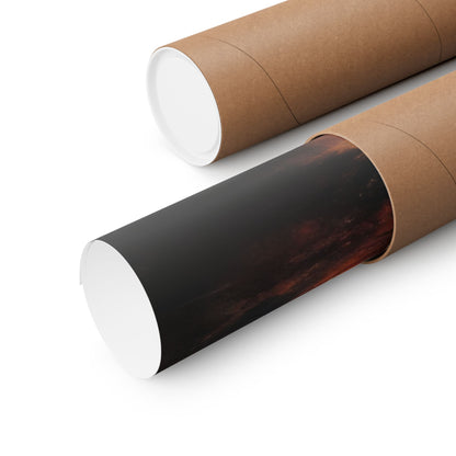 Rolled wall art poster in brown cardboard mailing tube on white background