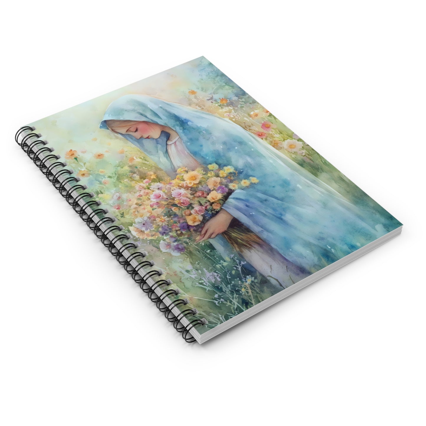 Spiral notebook with serene watercolor art of a veiled woman holding wildflowers in a peaceful garden.