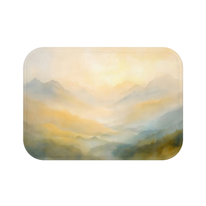 Serene watercolor mountain landscape wall art with mist and soft golden light