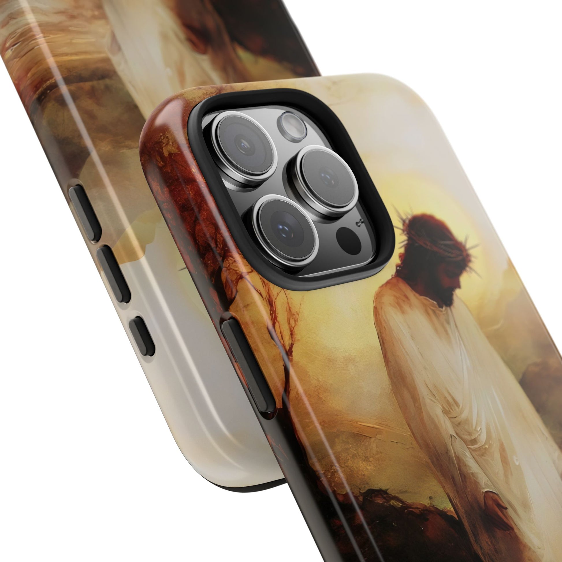 Phone case with Christian art depicting Jesus wearing a crown of thorns, landscape background