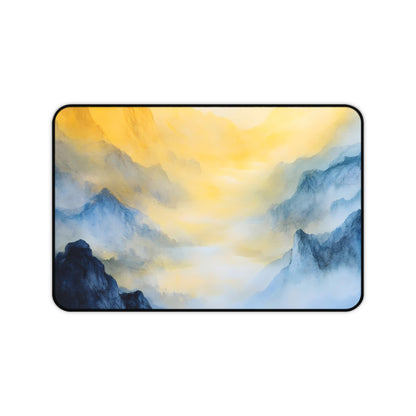 Desk mat with a blue and gold watercolor mountain sunrise landscape