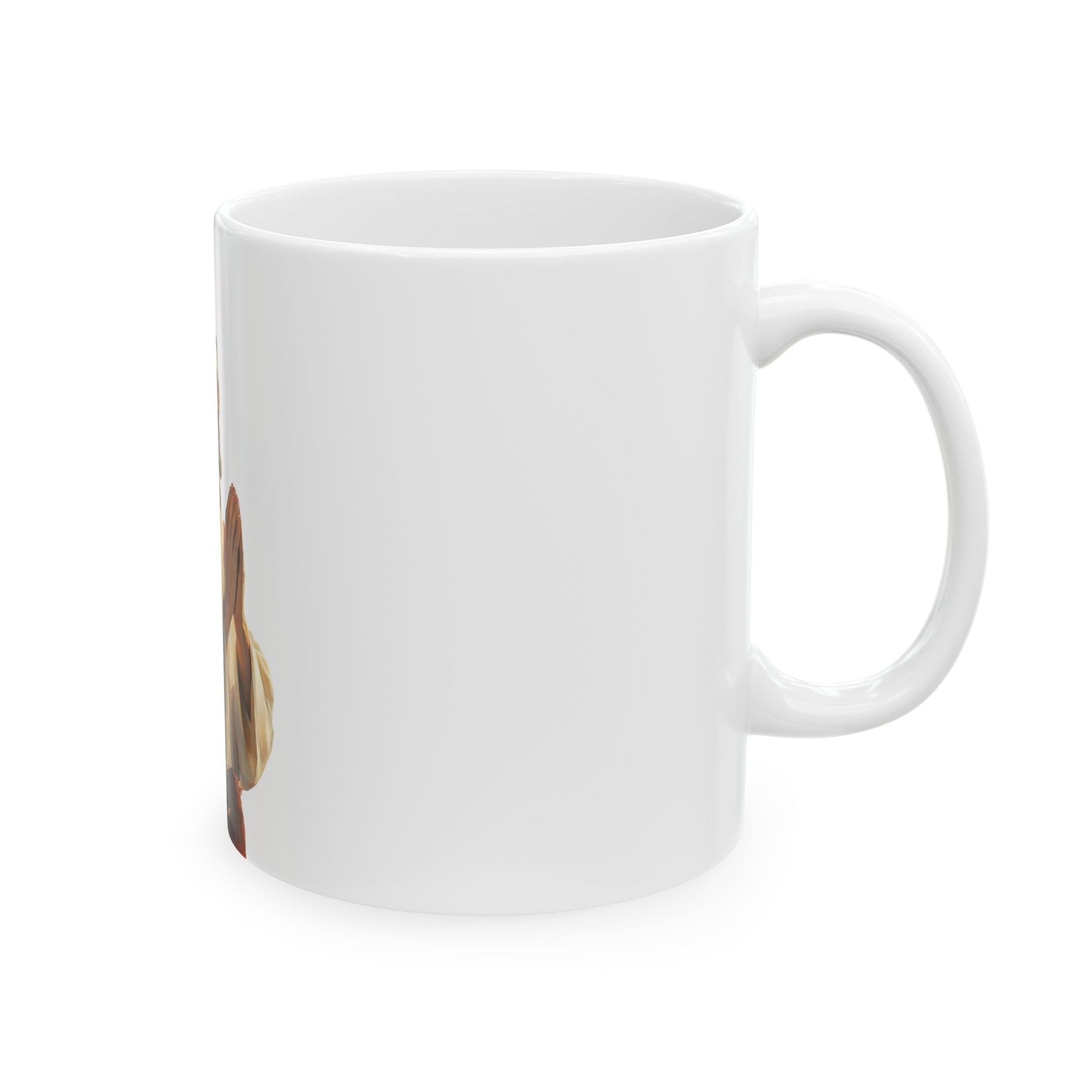White ceramic mug with partial Christian art design visible on left side