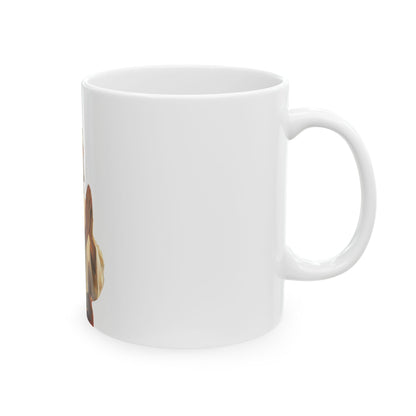 White ceramic mug with partial Christian art design visible on left side