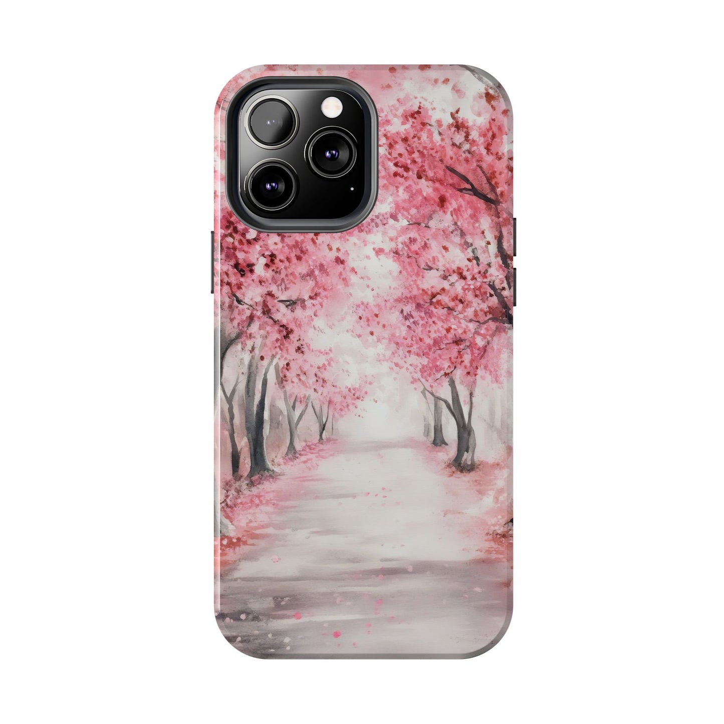 iPhone case with pink cherry blossom tree path watercolor design, spring phone accessory