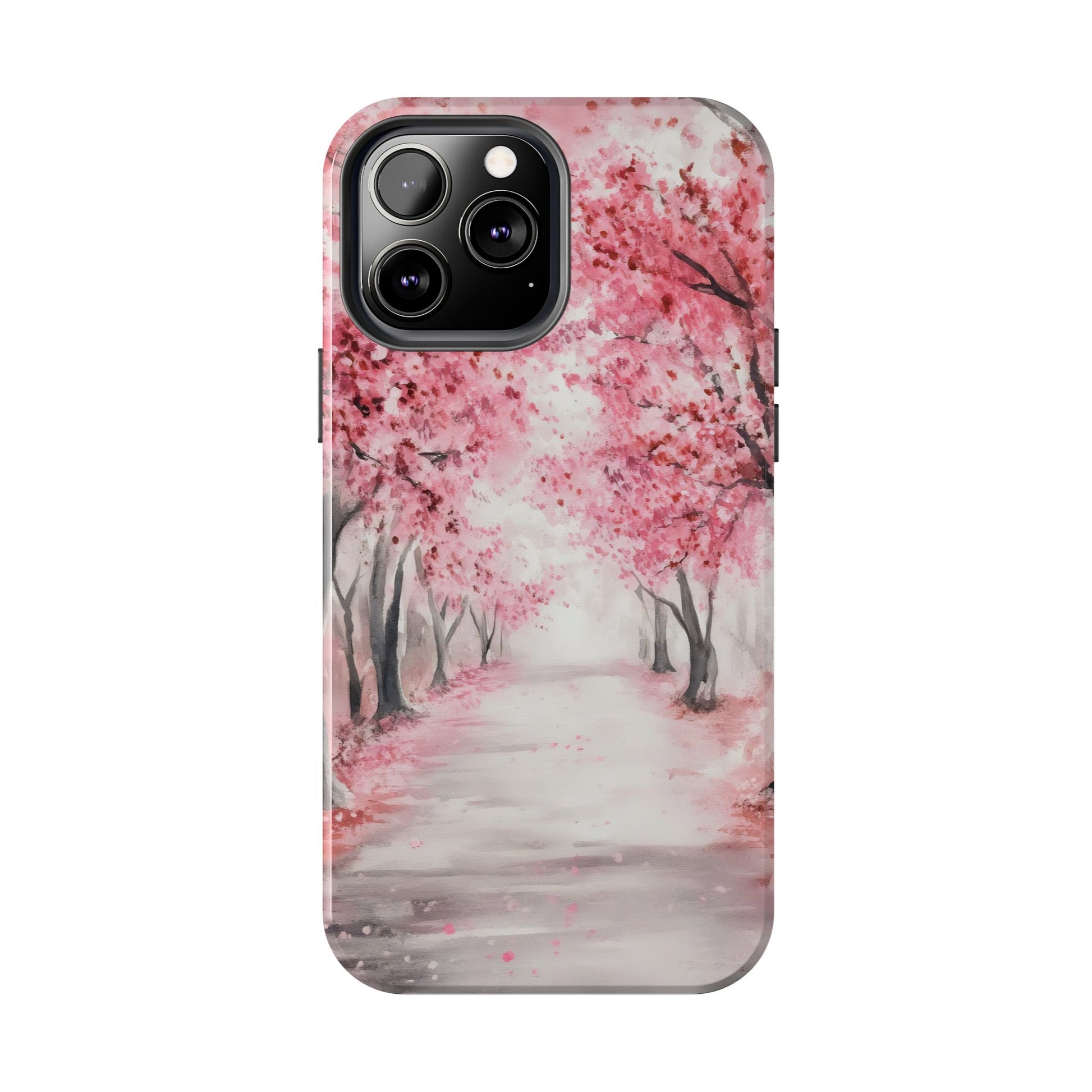 iPhone case with pink cherry blossom tree path watercolor design, spring phone accessory