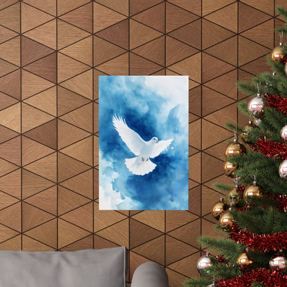 Christian wall art with white dove on blue background, displayed near Christmas tree