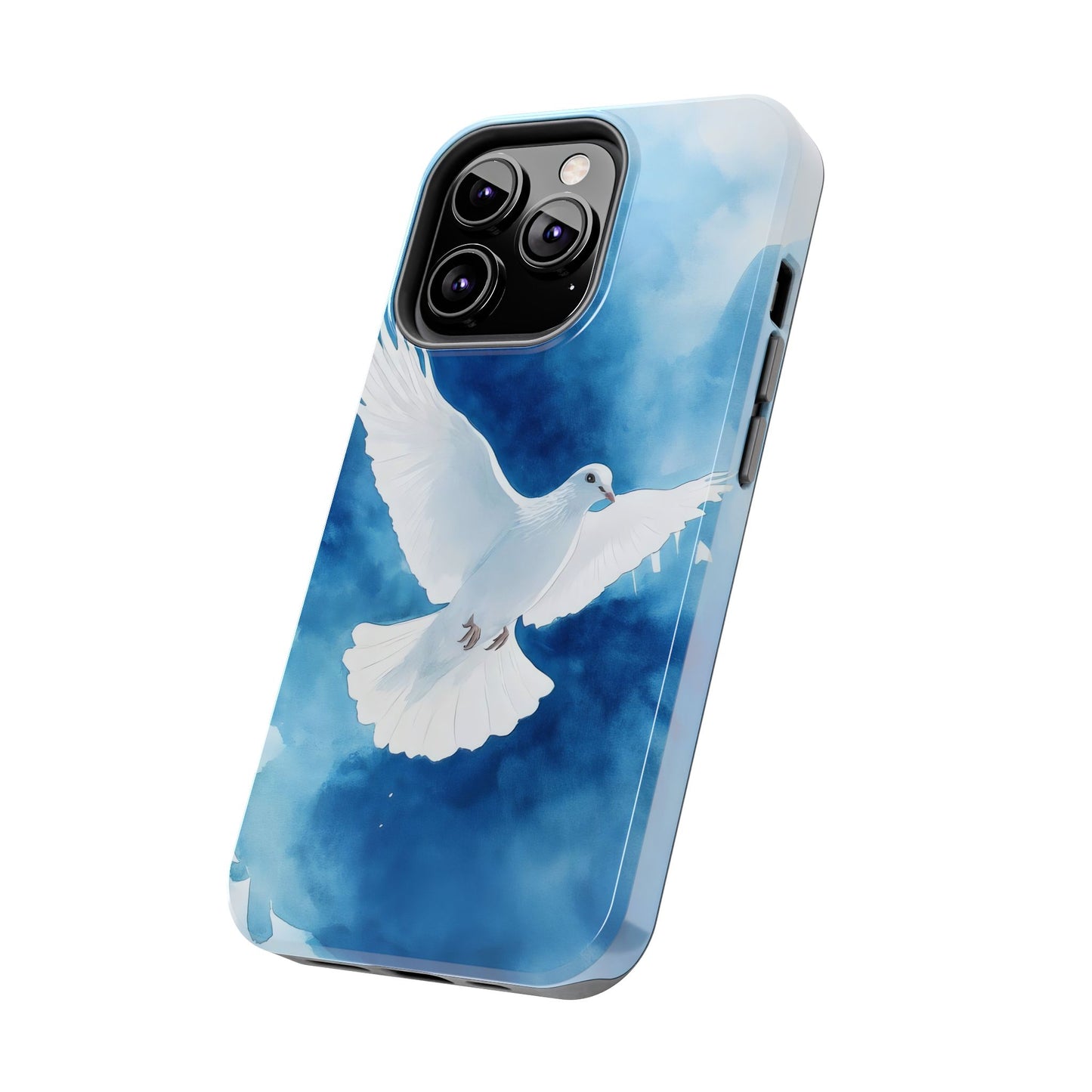 Phone case with white dove illustration on blue watercolor background, faith-inspired design