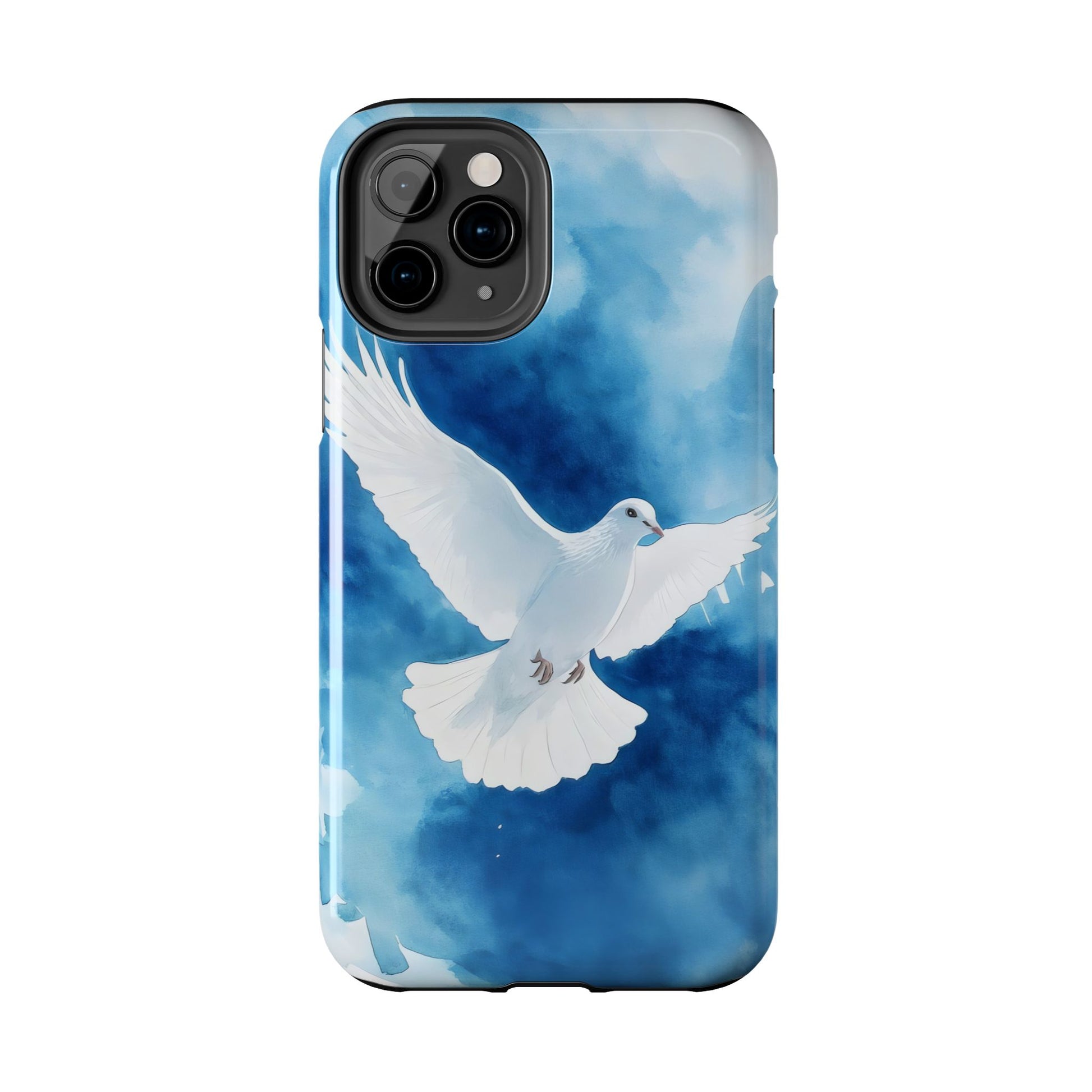 White dove with open wings on blue watercolor phone case, Christian inspirational design