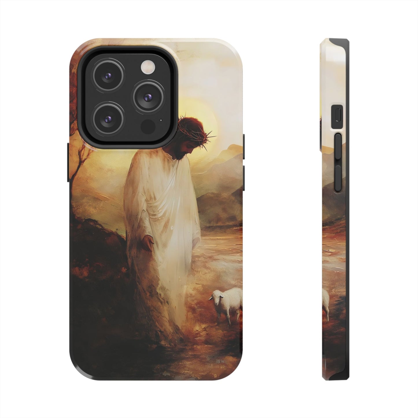 Christian phone case with Jesus wearing a crown of thorns and a lamb in a pastoral scene