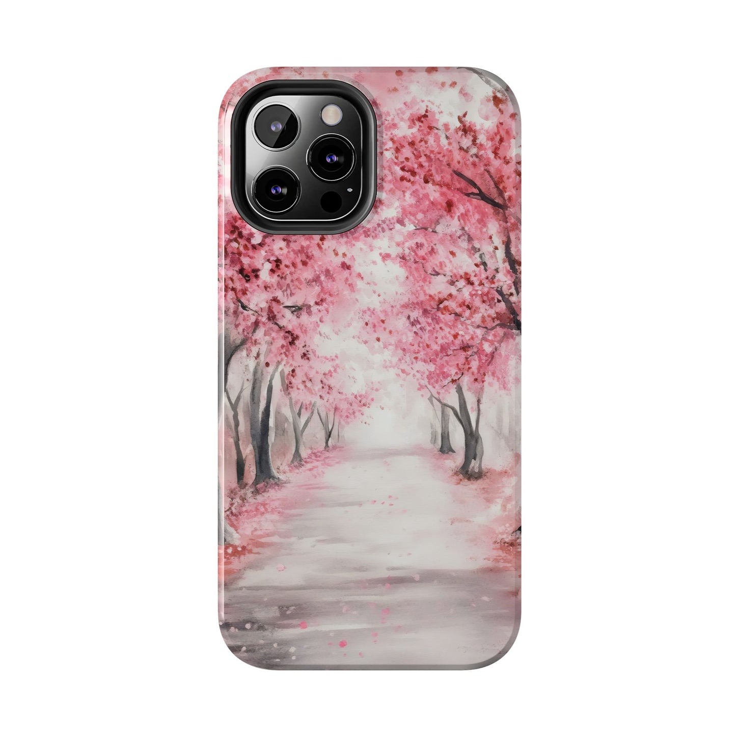 iPhone case with pink cherry blossom trees and serene pathway watercolor design