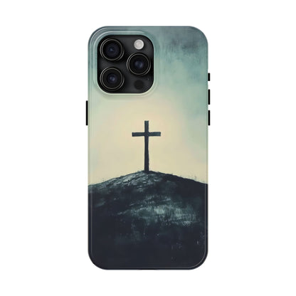 Christian cross on hill phone case, faith-inspired minimalist design, spiritual accessory