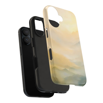 iPhone case with serene pastel mountain landscape, protective and minimalist design