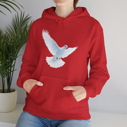 Woman wearing red hoodie with white dove graphic, Christian faith-inspired apparel