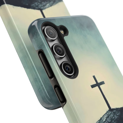 Christian phone case with a cross and sunrise design, faith-inspired spiritual accessory