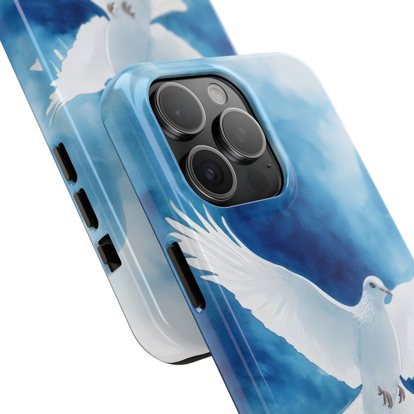 Christian phone case with white dove illustration on a blue sky background