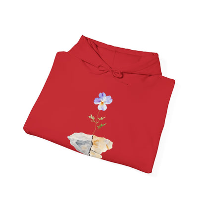 Red hoodie with watercolor flower and stone design, faith-inspired Christian apparel