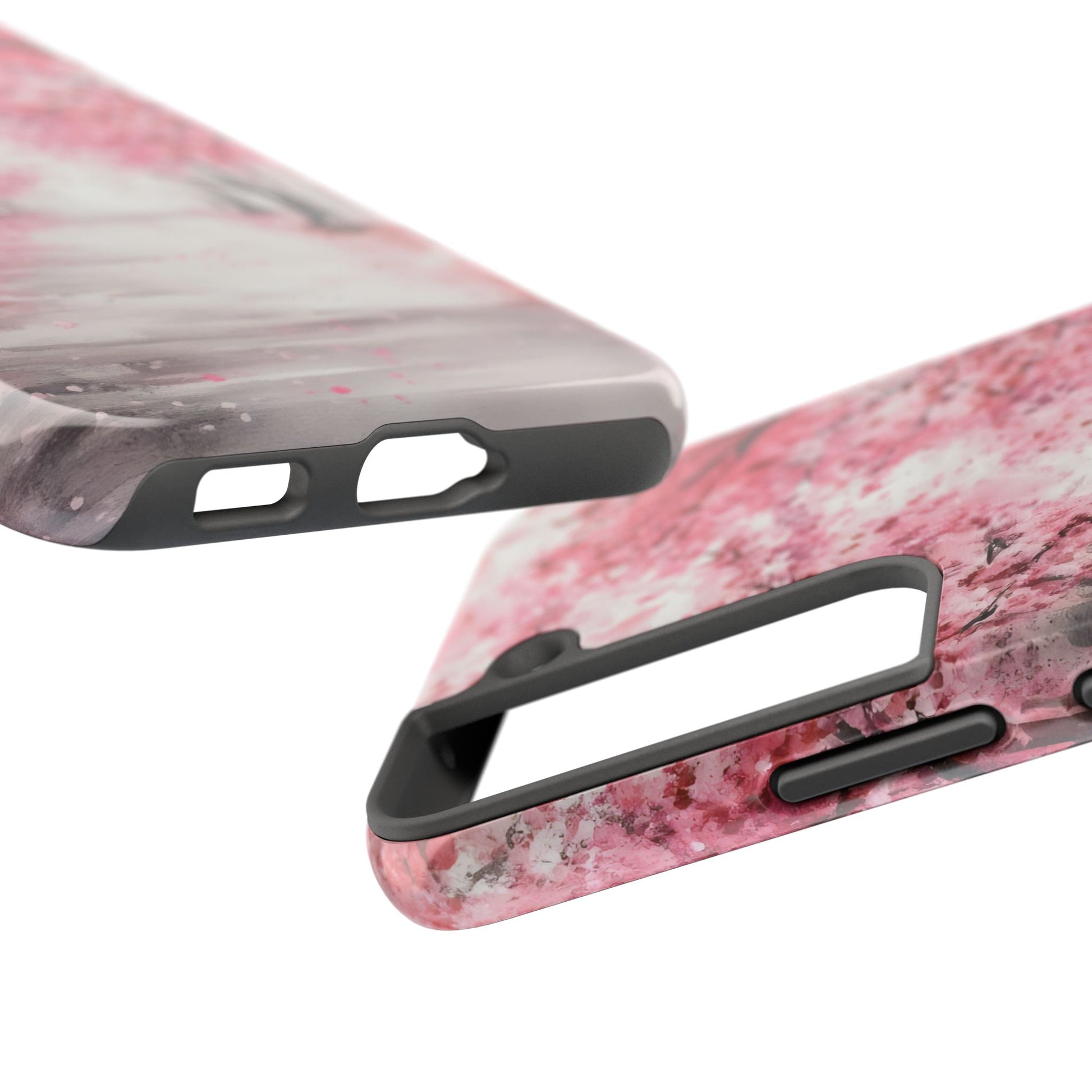 Pink floral phone case with abstract watercolor design, close-up of camera and button cutouts