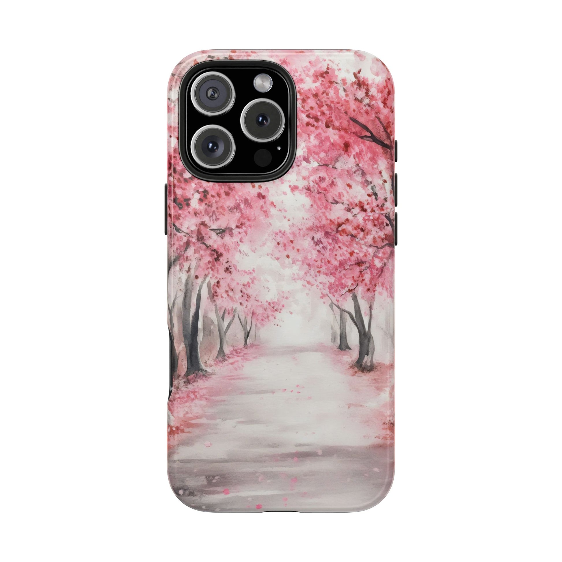Phone case with watercolor cherry blossom trees and pink floral path design