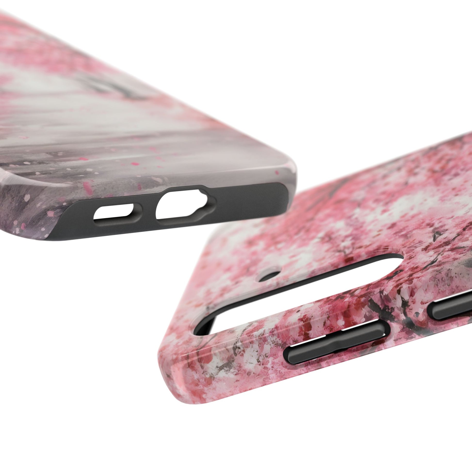 pink floral phone case with marbled pattern and precise cutouts for buttons and camera