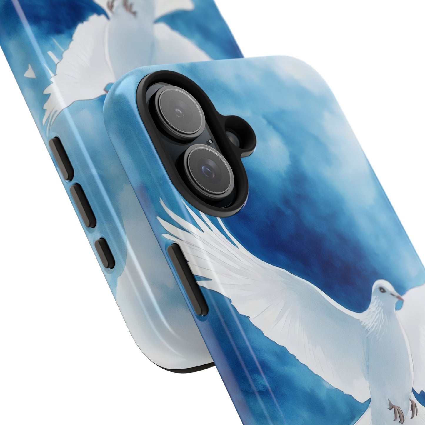 Christian phone case with white dove illustration and blue watercolor style background