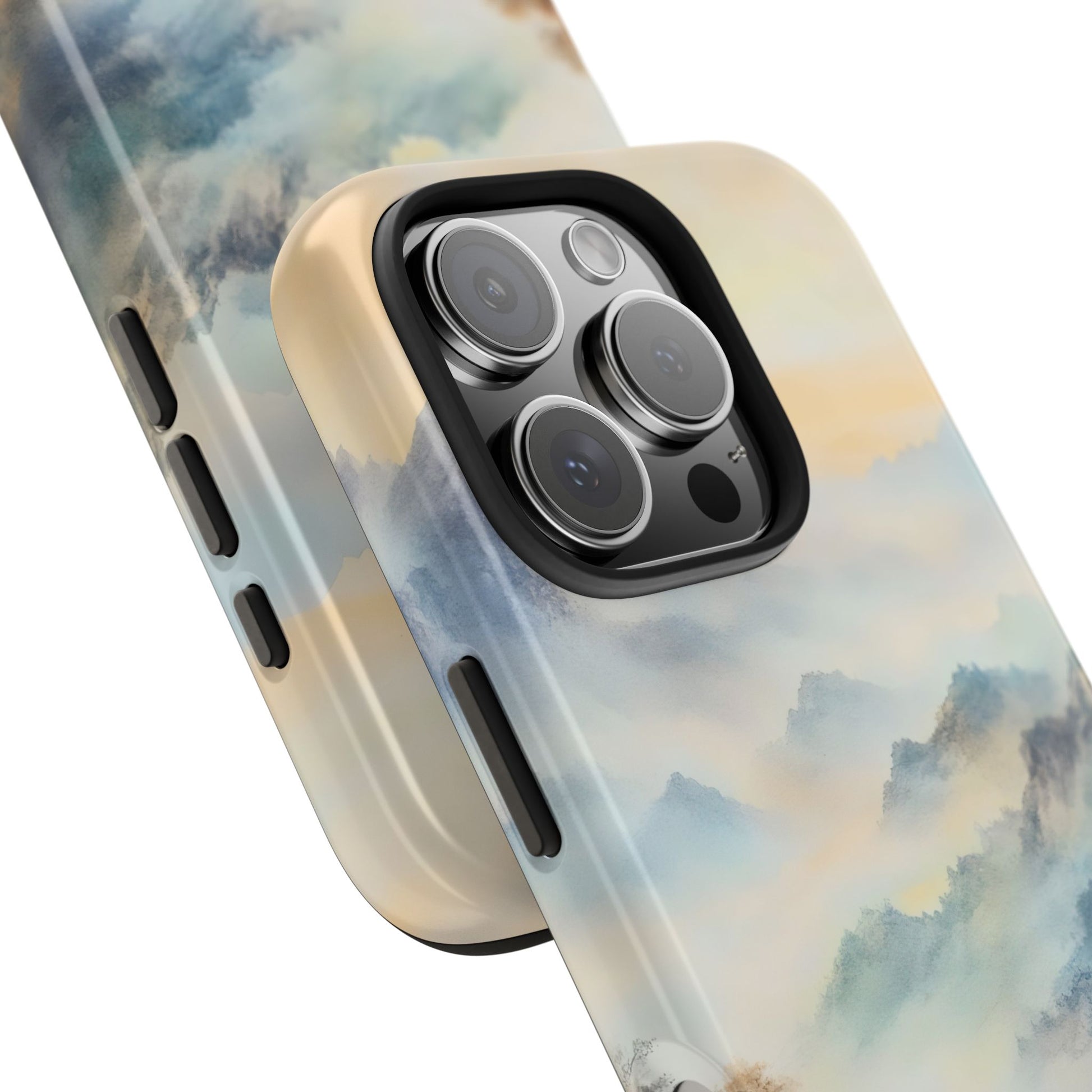 iPhone case with serene watercolor sky and clouds design, soft pastel hues