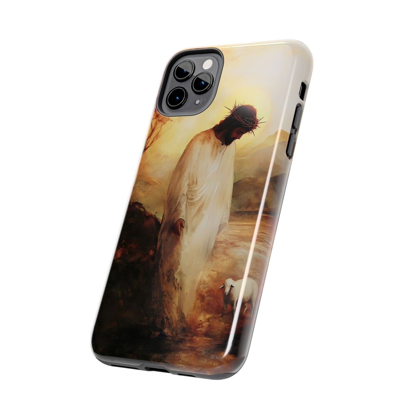 Christian phone case featuring Jesus in white robes with a lamb and halo, spiritual art design