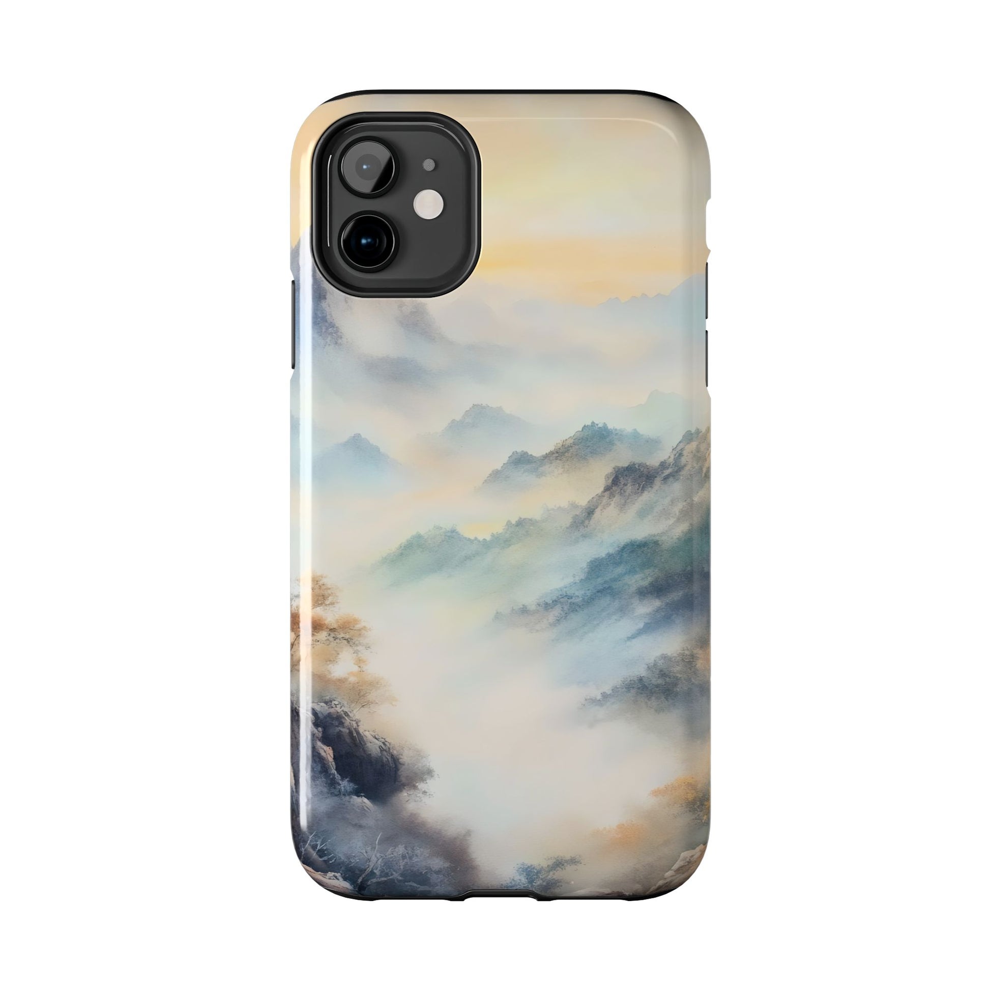 Phone case with serene misty mountain landscape and calming pastel colors
