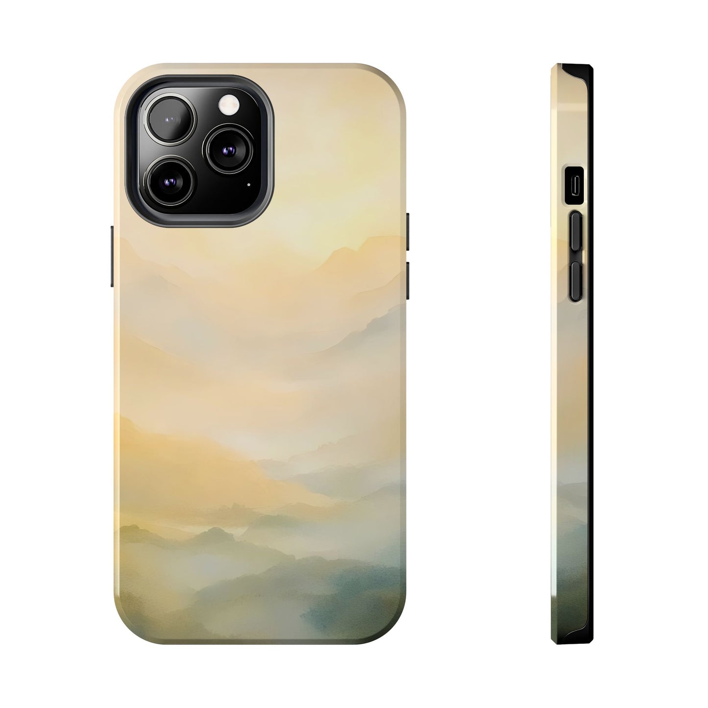 Minimalist phone case with soft pastel mountain landscape design, serene nature art